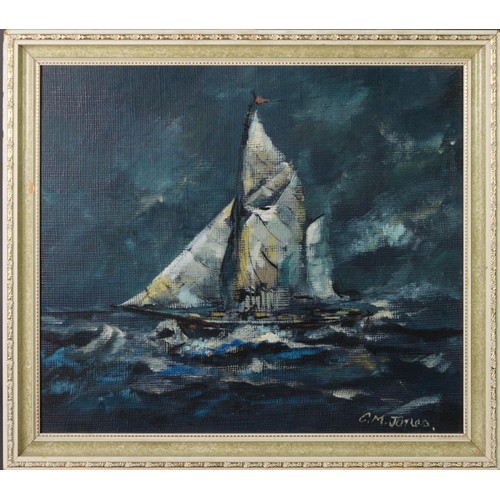 93 - CHARLES M JONES (1923-2008) OIL ON BOARD Yacht under sail on rough waterSigned 13 ½” x 15 ½” (34.3cm... 