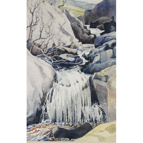 113 - ALBERT B OGDEN (b. 1928) WATERCOLOUR‘Waterfall, Watendlath’ Signed, tilted to label verso 19” x 12 ¼... 