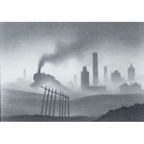 32 - TREVOR GRIMSHAW (1947-2001) PENCIL DRAWING‘Train Leaving a Town’ Signed, tilted and signed to label ... 