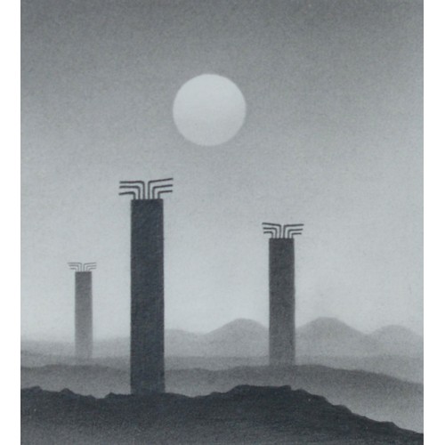 35 - TREVOR GRIMSHAW (1947-2001)PENCIL DRAWING Three tall concrete industrial supports beneath a full moo... 