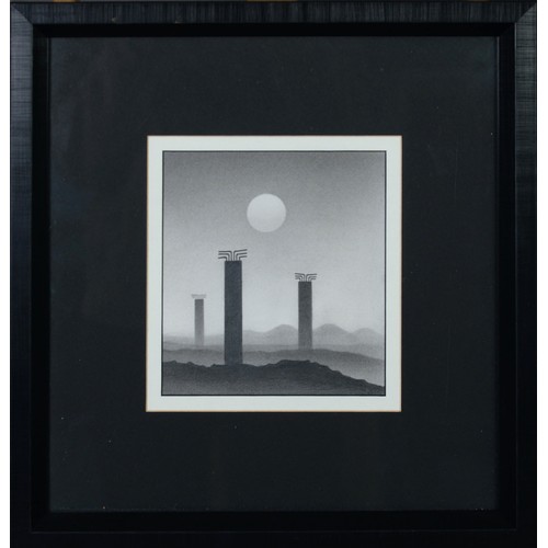 35 - TREVOR GRIMSHAW (1947-2001)PENCIL DRAWING Three tall concrete industrial supports beneath a full moo... 