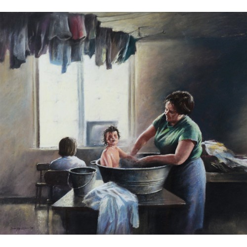 99 - SEEREY LESTER PASTEL DRAWING Interior with woman bathing a young child in a zinc tub Signed lower le... 