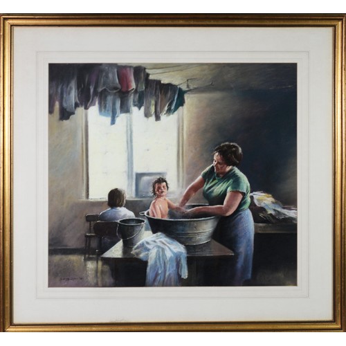 99 - SEEREY LESTER PASTEL DRAWING Interior with woman bathing a young child in a zinc tub Signed lower le... 