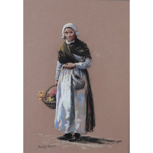 100 - SEEREY LESTER PASTEL DRAWING Dutch woman carrying a basket of flowers Signed lower left 15in x 10 1/... 