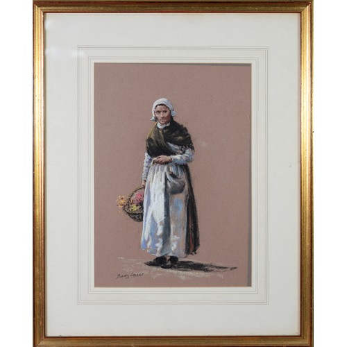 100 - SEEREY LESTER PASTEL DRAWING Dutch woman carrying a basket of flowers Signed lower left 15in x 10 1/... 