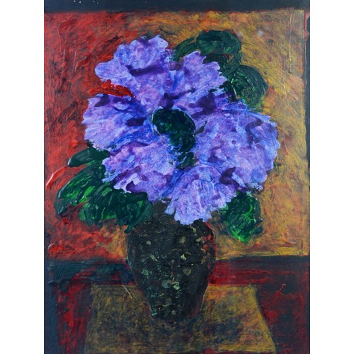 15 - MIKE CAIN (b.1941) ACRYLIC ON BOARD‘Purple Flowers’ Signed and tiled to ‘The Gallery’, Manchester, l... 