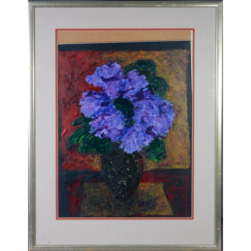 15 - MIKE CAIN (b.1941) ACRYLIC ON BOARD‘Purple Flowers’ Signed and tiled to ‘The Gallery’, Manchester, l... 