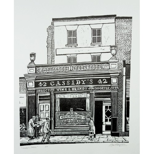 47 - ROGER HAMPSON (1925 - 1996) WOODCUT PRINT ON GREY PAPER, LIMITED EDITION Cassidy's Dublin Signed, ti... 