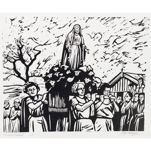 48 - ROGER HAMPSON (1925 - 1996) WOODCUT PRINT ON WHITE PAPER Religious Procession Signed, titled and num... 