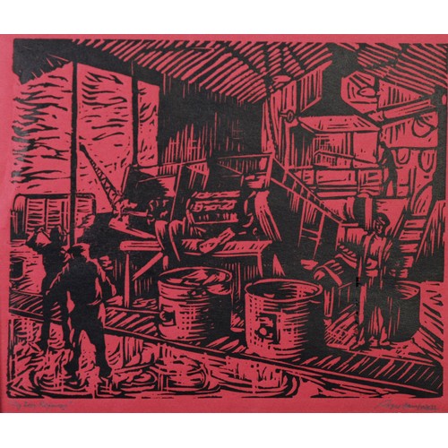 49 - ROGER HAMPSON (1925 - 1996) WOODCUT PRINT ON WINE RED PAPER Pig Iron Refinery Signed and titled in p... 