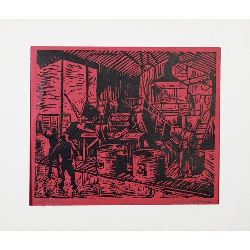 49 - ROGER HAMPSON (1925 - 1996) WOODCUT PRINT ON WINE RED PAPER Pig Iron Refinery Signed and titled in p... 