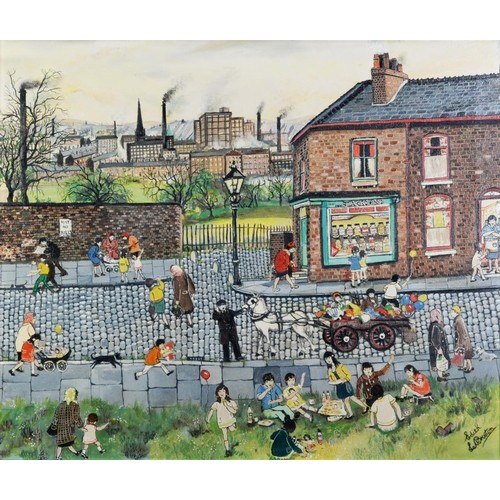 8 - EDITH LE BRETON (1912-1992)OIL ON CANVAS'The Picnic on Strawberry Hill, in Salford' with families on... 