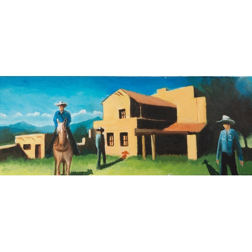 78 - COLIN JELLICOE (1942 - 2018) THREE ACRYLICS ON BOX CANVAS Cowboy subjects 7 ¾” x 19 ½” (19.6cm x 49.... 