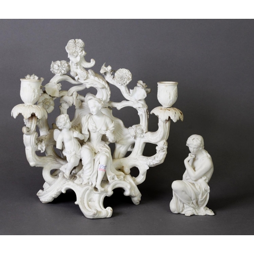 178 - 19TH CENTURY PARIAN FIGURAL CANDELABRA AS VENUS AND CUPID TO A FOLIATE BACKDROP ON ROCOCO BASE, toge... 