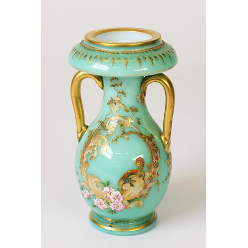 240 - FINE EARLY 20TH CENTURY BOHEMIAN OPALINE GLASS LEBES GAMICO SHAPED VASE, possibly Moser, decorated w... 