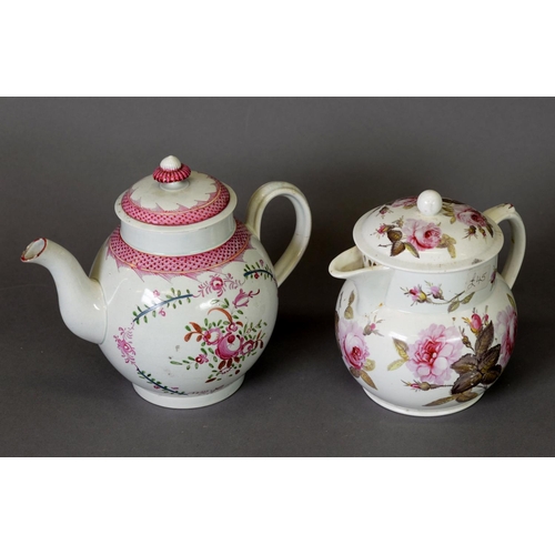 202 - LATE 18TH/EARLY 19TH CENTURY BOW STYLE ENGLISH SOFT-PASTE TEA POT, decorated in pinks and greens; to... 