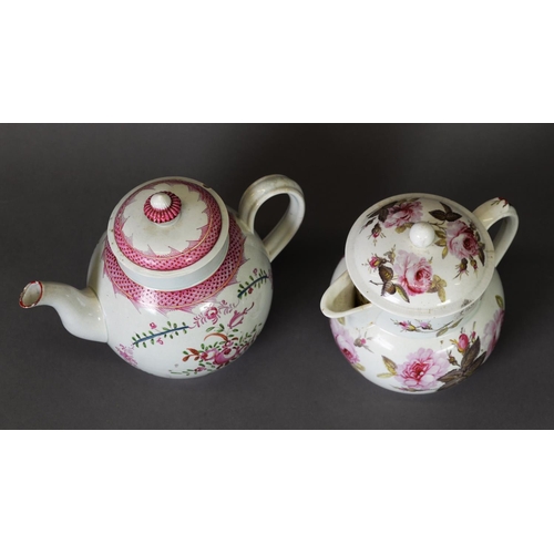 202 - LATE 18TH/EARLY 19TH CENTURY BOW STYLE ENGLISH SOFT-PASTE TEA POT, decorated in pinks and greens; to... 