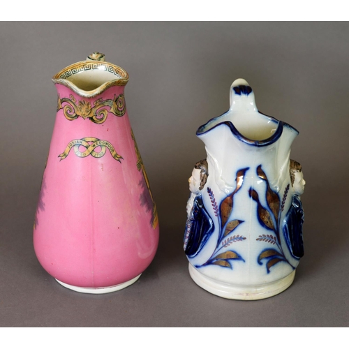 203 - TWO 19TH CENTURY COMMEMORATIVE JUGS, one with pink ground celebrating Josiah Wedgwood, the other wit... 