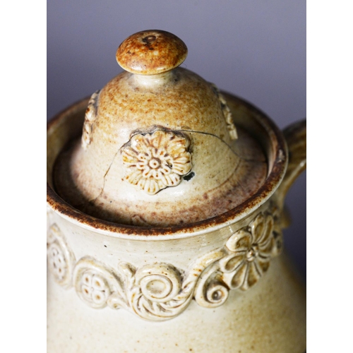 212 - LATE 18TH CENTURY SALT GLAZED STONEWARE FLAGON, similar to a bellarmine, together with a later earth... 