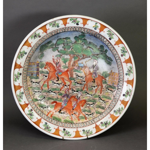 20 - LARGE MODERN CHINESE PORCELAIN CHARGER, decorated in polychrome enamels with a European fox hunting ... 