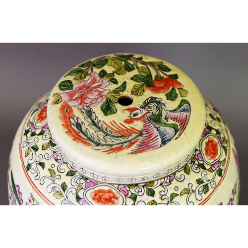 49 - CHINESE PORCELAIN GINGER JAR AND COVER LAMP BASE, decorated with prunus blossom and fenghuang birds ... 