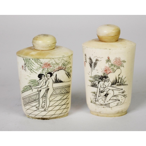 6 - TWO MID TO LATE 2OTH CENTURY JAPANESE BONE EROTIC SNUFF BOTTLES, decorated with figures in varying a... 