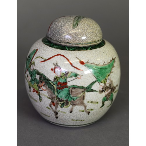 54 - Oriental crackle glazed pottery ginger jar and cover, enamelled autour with warriors, 5” (12.5 cm) H... 