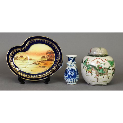 54 - Oriental crackle glazed pottery ginger jar and cover, enamelled autour with warriors, 5” (12.5 cm) H... 