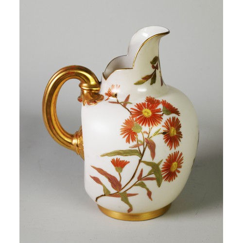 128 - LATE VICTORIAN ROYAL WORCESTER BLUSH GROUND PORCELAIN JUG, of footed form with flattened back, cut a... 