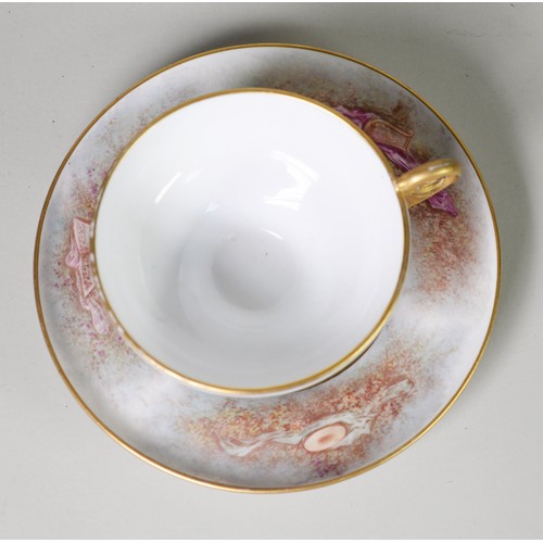 151 - EARLY TWENTIETH CENTURY SEVRES PORCELAIN TEACUP and SAUCER, the cup finely enamelled with THREE CHER... 