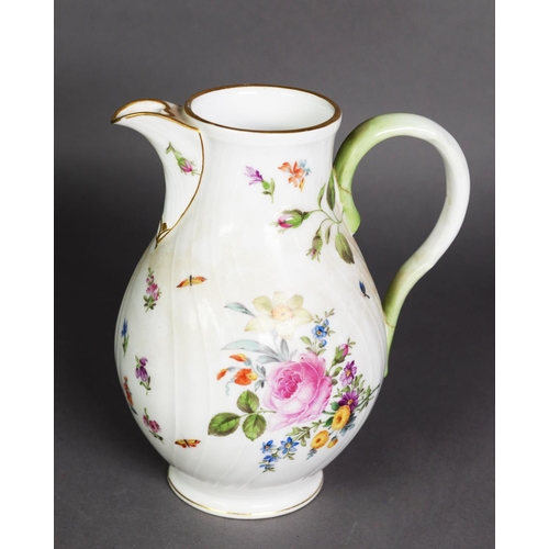 160 - NINETEENTH CENTURY CONTINENTAL WRYTHEN MOULDED PORCELAIN JUG, of footed form, painted in colours wit... 