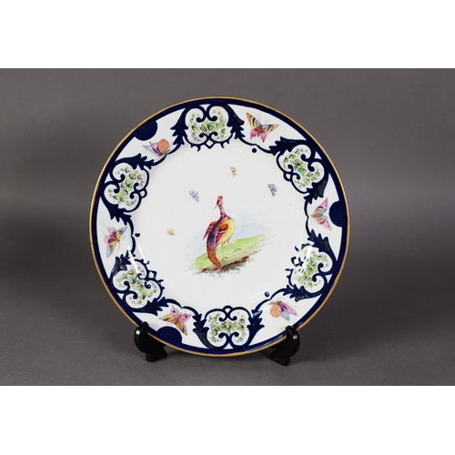 136 - FLIGHT BARR AND BARR WORCESTER PORCELAIN PLATE, the centre with an exotic bird within a border of gr... 