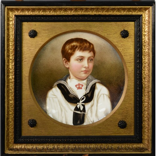 166A - LATE 19th CENTURY PORCELAIN CIRCULAR PLAQUE, entitled Highland Laddie by Mrs Albert Pearce, depictin... 