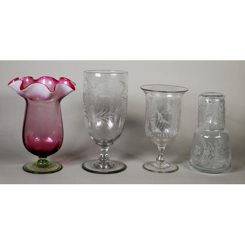 251 - VICTORIAN CRANBERRY GLASS CELERY VASE with opaline wavy rim; two fern etched CELERY VASES and a WATE... 