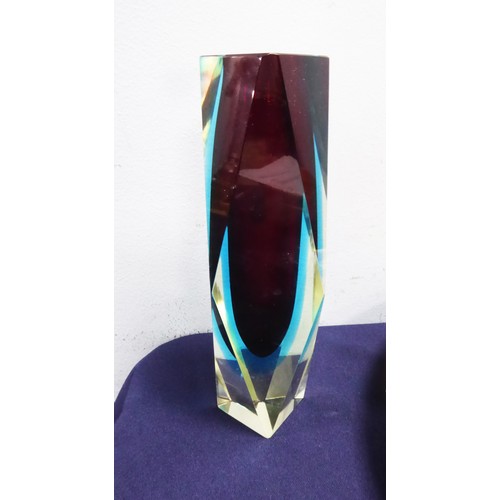 95C - MURANO GLASS MANDRUZZATO PERIOD RED/BLUE SOMMERSO GEOMETRIC VASE with facet cut panels, 20.5cm high