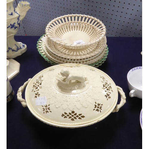 181 - A COLLECTION OF 19TH CENTURY CREAMWARE, including plates, fruit basket, and reticulated dish and cov... 