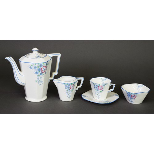 14 - 1930s Art Deco Shelley fine porcelain coffee set of octagonal form with geometric handles, decorated... 