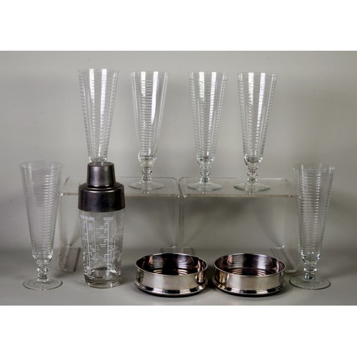 10 - MID CENTURY MODERN ELECTROPLATE AND GLASS COCKTAIL SHAKER with enamel recipes; a set of six VINTAGE ... 