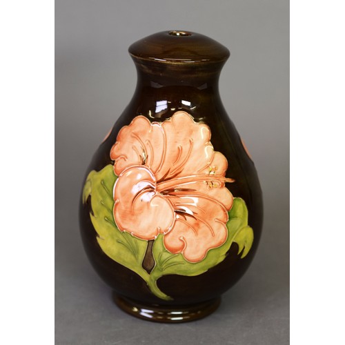 16 - Moorcroft pottery vase table lamp, with large pink flowers on a black background, 8 ¼” (21 cm) H No ... 