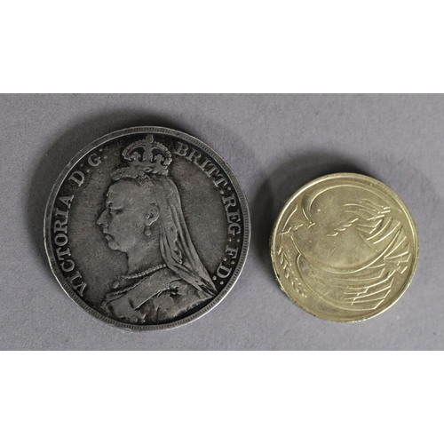 17 - VICTORIAN SILVER CROWN COIN, old head, 1890 (fine) and a 1995 TWO POUND COIN issued to celebrate the... 