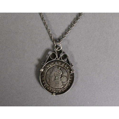 19 - ELIZABETH I HAMMERED SILVER SIXPENCE 1575 (VF), loose mounted as a pendant on a silver fine chain ne... 