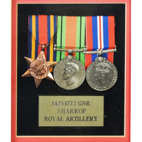 51 - THREE WORLD WAR II SERVICE MEDALS AWARDED TO 14254772 GNR J. HARROP ROYAL ARTILLERY, viz Burma Star,... 