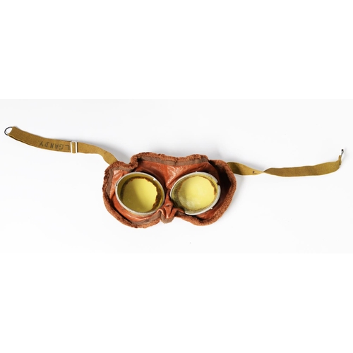 54 - PAIR OF WWII PILOT'S GOGGLES, soft tan leather with plush fabric rims, oval yellow tinted lenses in ... 