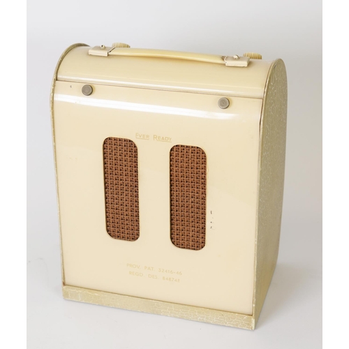 365 - EVER READY VINTAGE BATTERY POWERED PORTABLE VALVE RADIO, cream and gilt perspex, the bowed front wih... 