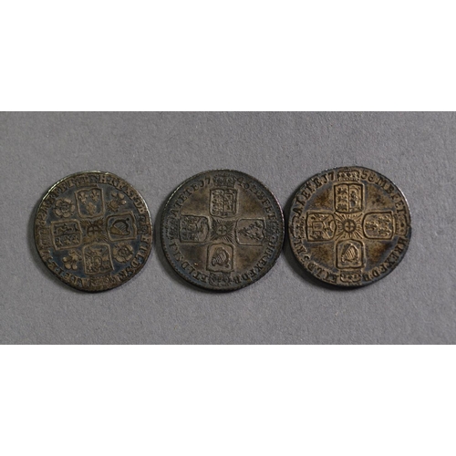 2 - THREE GEORGE III SILVER SIX PENCES, viz 1758 (EF), 1746 with Lima below bust (VF) and 1732 (showing ... 