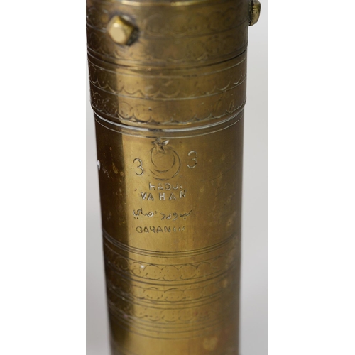 372 - MIDDLE EASTERN, PROBABLY TURKISH CYLINDRICAL BRASS COFFEE GRINDER, in three sections and the folding... 