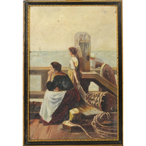 374 - F. LEECH EARLY 20th CENTURY OIL PAINTING ON BOARD, DOCKSIDE WITH MEN IN A ROWING BOAT hand-lining fo... 