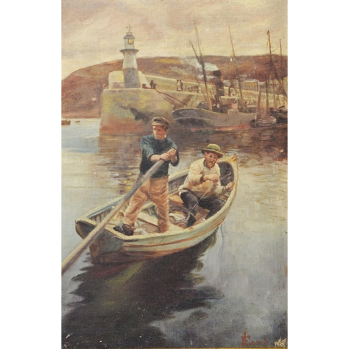 374 - F. LEECH EARLY 20th CENTURY OIL PAINTING ON BOARD, DOCKSIDE WITH MEN IN A ROWING BOAT hand-lining fo... 