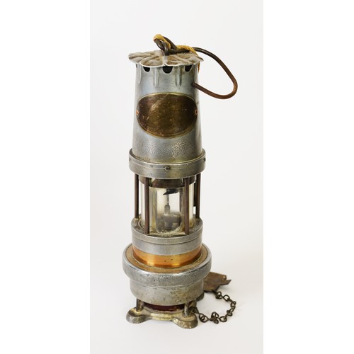 417 - SPIRALARM EARLY 20th CENTURY BRASS AND ALUMINIUM MINER'S SAFETY LAMP by JH Naylor of Wigan with key ... 