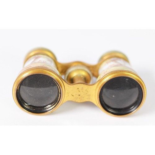 388 - PAIR OF 19th CENTURY FRENCH GILT BRASS OPERA GLASSES, with mother of pearl inset eye pieces, the bod... 